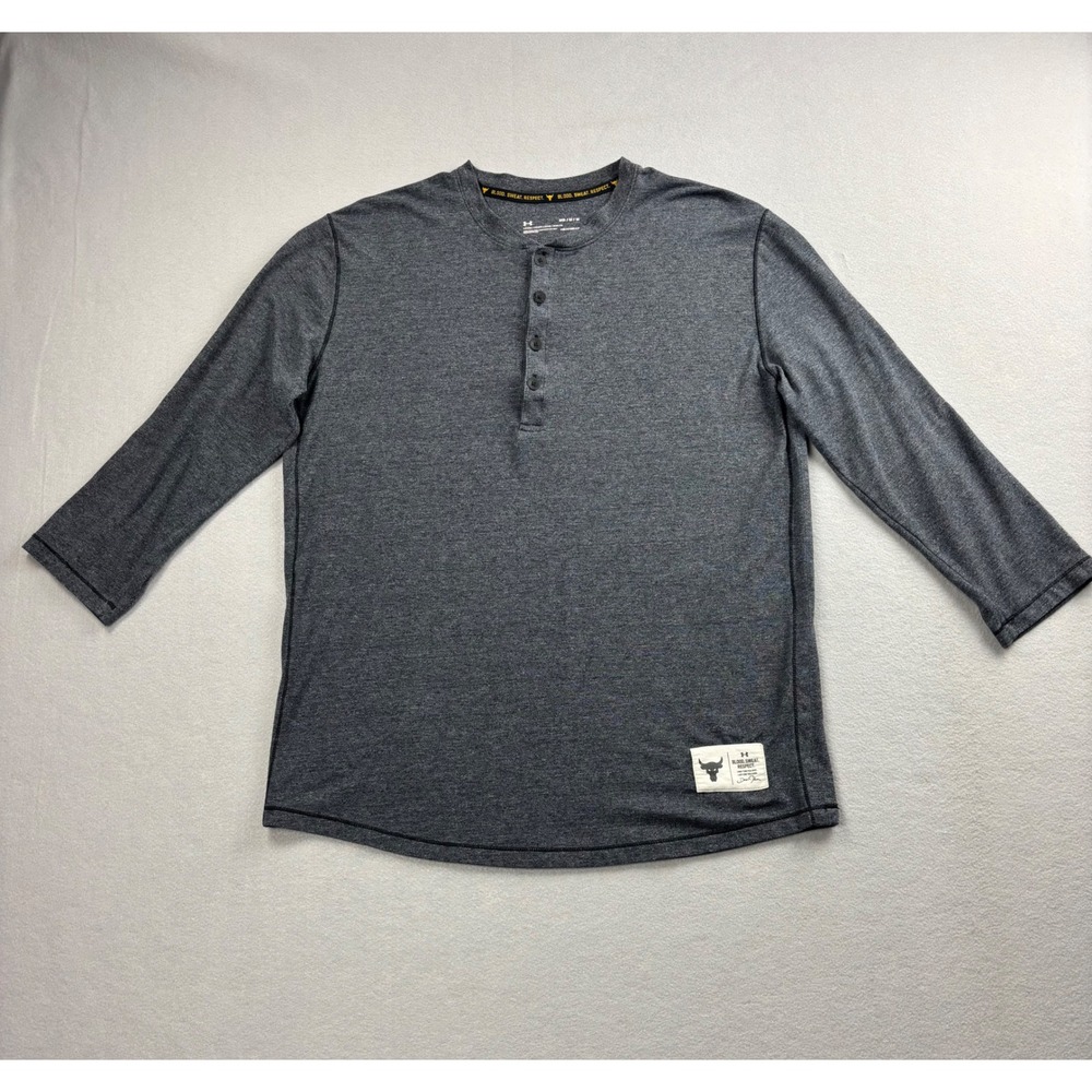 Under Armour Project Rock Henley Shirt Medium Gray HeatGear Blood Sweat Respect
